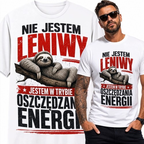 Koszulka męska z leniwcem „Nie jestem leniwy, jestem w trybie oszczędzania energii” - humorystyczny nadruk
