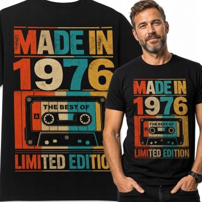 Koszulka męska „Made in 1976” z kasetą retro - na 50 urodziny