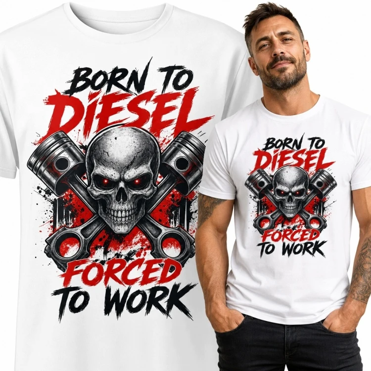 Koszulka męska dla fana diesli z czaszką i tłokami „Born to Diesel”