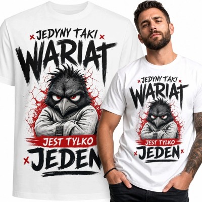Koszulka męska z krukiem i napisem „Jedyny taki wariat jest tylko jeden” - zadziorny humor