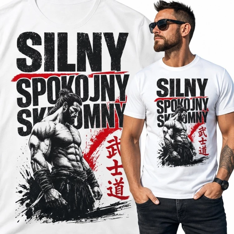 Koszulka męska z samurajem „Silny spokojny skromny” - motyw wojownika