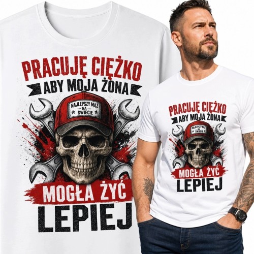 Koszulka męska z czaszką mechanika „Pracuję ciężko aby moja żona mogła żyć lepiej” - dla męża