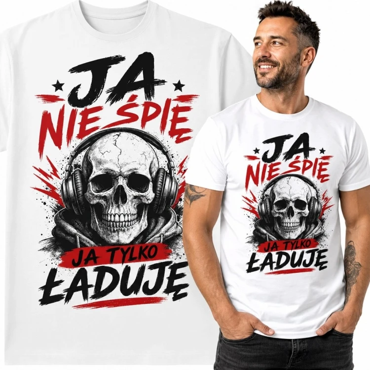 Koszulka męska z czaszką w słuchawkach „Ja nie śpię, ja tylko ładuję” - mroczny humor