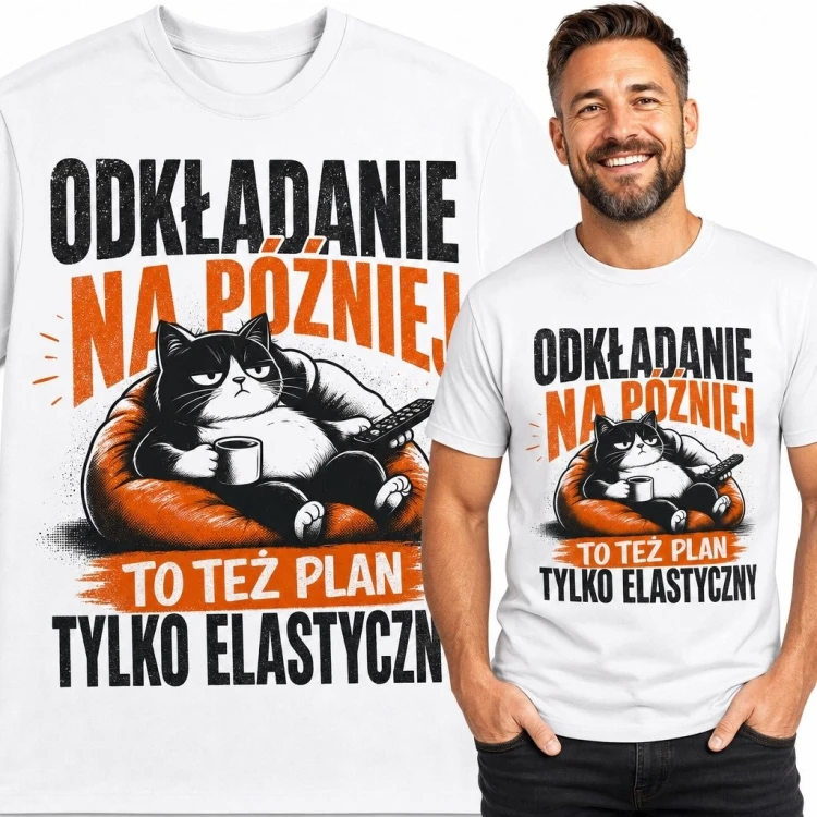 Koszulka męska z kotem w fotelu „Odkładanie na później to też plan, tylko elastyczny”