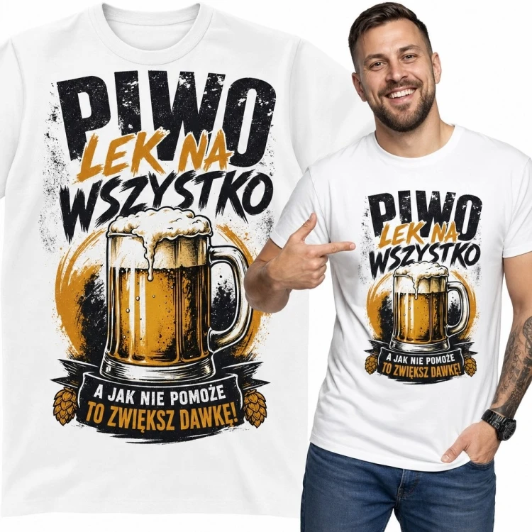 Koszulka męska z kuflem piwa „Piwo lek na wszystko” - humorystyczny wzór