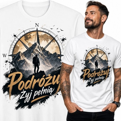 Koszulka męska dla podróżnika „Podróżuj - żyj pełnią” - góry i kompas