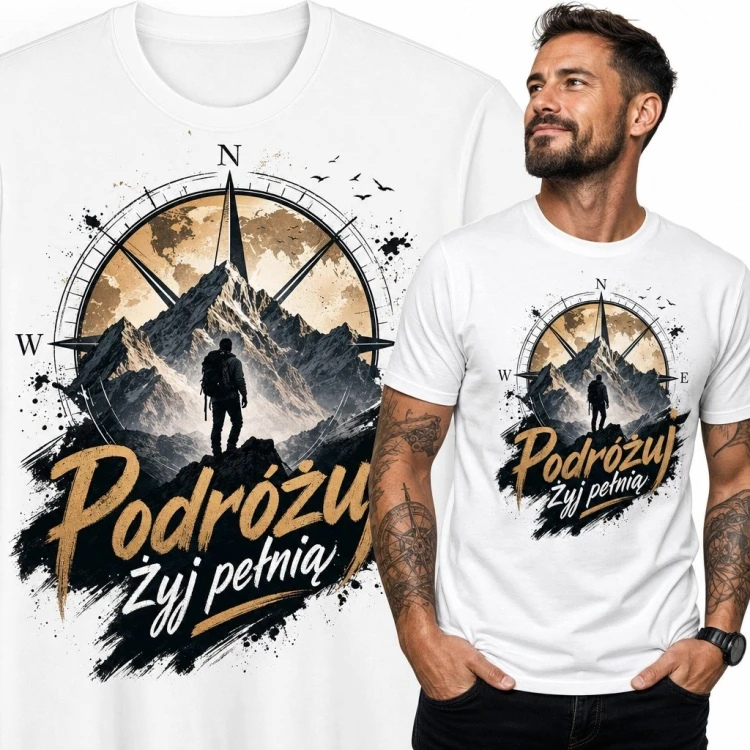 Koszulka męska dla podróżnika „Podróżuj - żyj pełnią” - góry i kompas