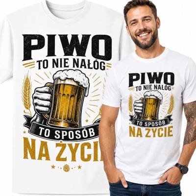 Koszulka męska z kuflem piwa i hasłem „Piwo to nie nałóg, to sposób na życie” - humorystyczny nadruk retro