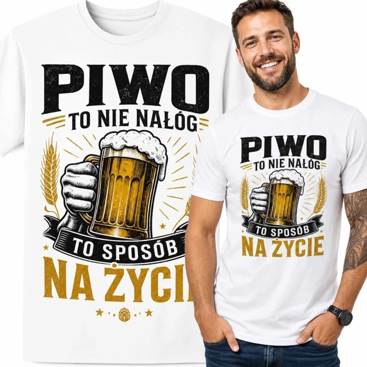 Koszulka męska z kuflem piwa i hasłem „Piwo to nie nałóg, to sposób na życie” - humorystyczny nadruk retro