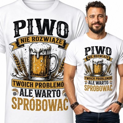 Koszulka męska z kuflem piwa „Piwo nie rozwiąże twoich problemów, ale warto spróbować” - humorystyczny nadruk