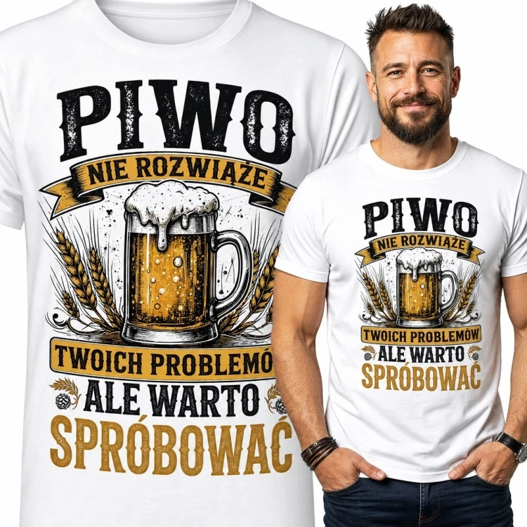 Koszulka męska z kuflem piwa „Piwo nie rozwiąże twoich problemów, ale warto spróbować” - humorystyczny nadruk