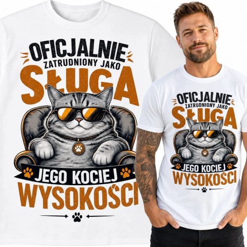 Koszulka męska z kotem na fotelu - „Oficjalnie zatrudniony jako sługa jego kociej wysokości”