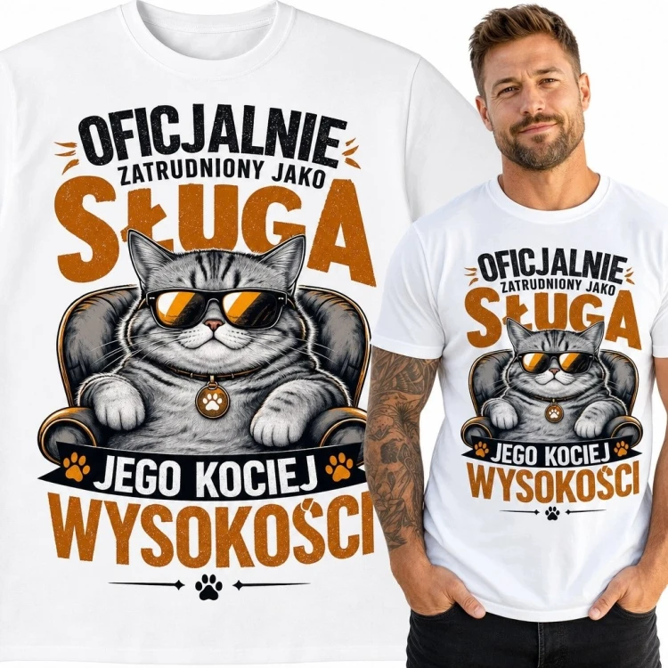 Koszulka męska z kotem na fotelu - „Oficjalnie zatrudniony jako sługa jego kociej wysokości”