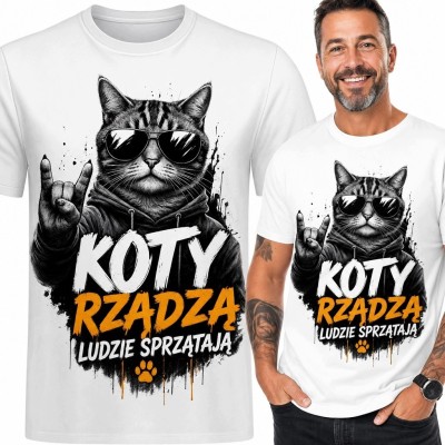 Koszulka męska z kotem „Koty rządzą, ludzie sprzątają” - śmieszny nadruk
