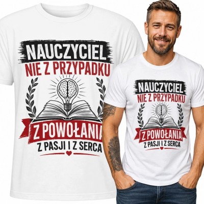 Koszulka męska dla nauczyciela „Nauczyciel nie z przypadku” - książka i żarówka