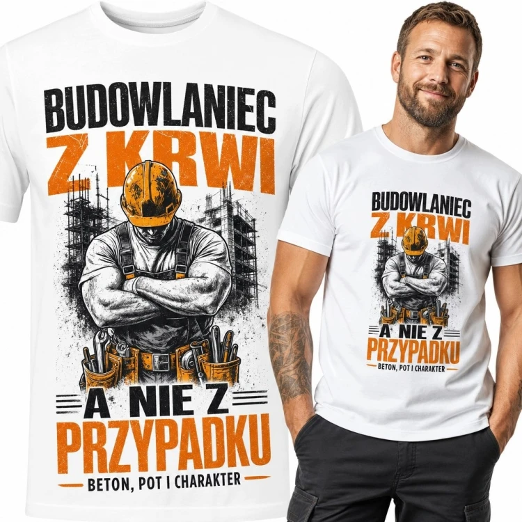 Koszulka męska z budowlańcem „Budowlaniec z krwi a nie z przypadku” - beton, pot i charakter