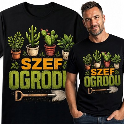 Czarna koszulka męska „Szef ogrodu” z roślinami i łopatą