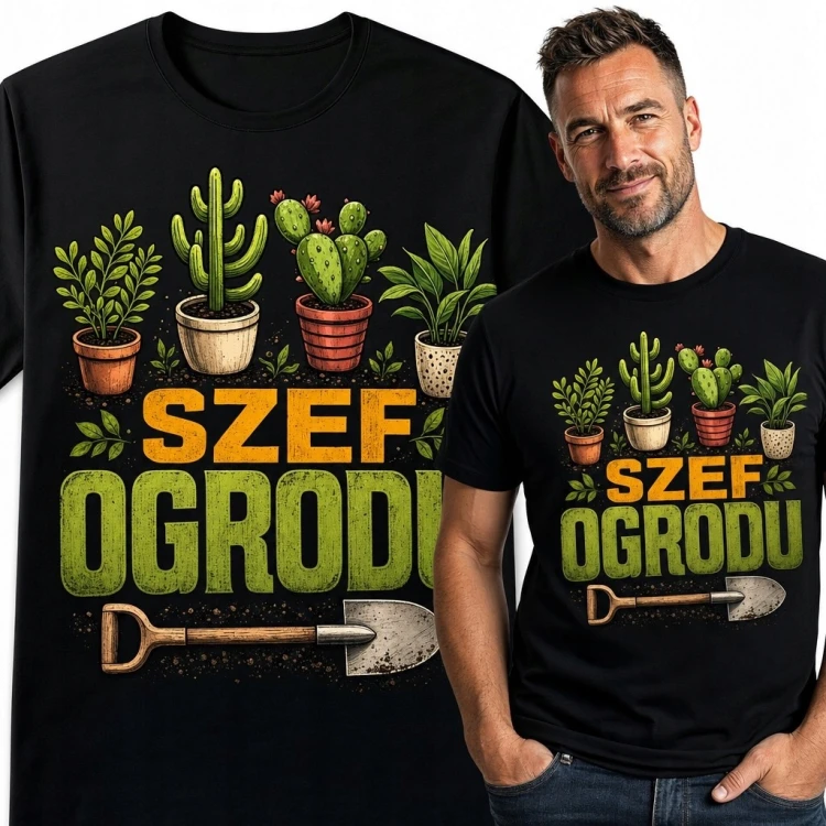 Czarna koszulka męska „Szef ogrodu” z roślinami i łopatą