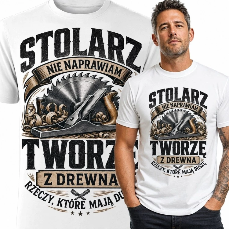 Koszulka męska dla stolarza ze strugiem „Stolarz - nie naprawiam, tworzę z drewna rzeczy, które mają duszę” - retro wzór