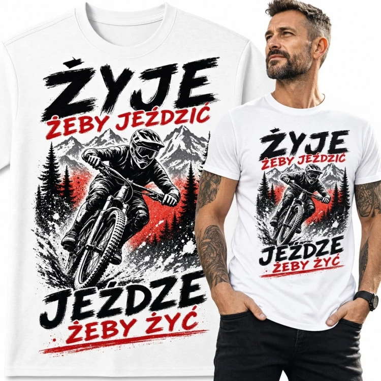 Koszulka męska z kolarzem MTB „Żyję żeby jeździć, jeżdżę żeby żyć” - rower górski
