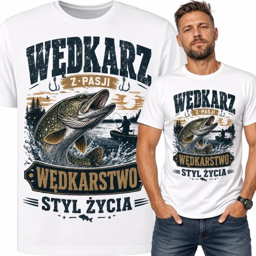 Koszulka męska dla wędkarza ze szczupakiem „Wędkarz z pasji” - styl retro