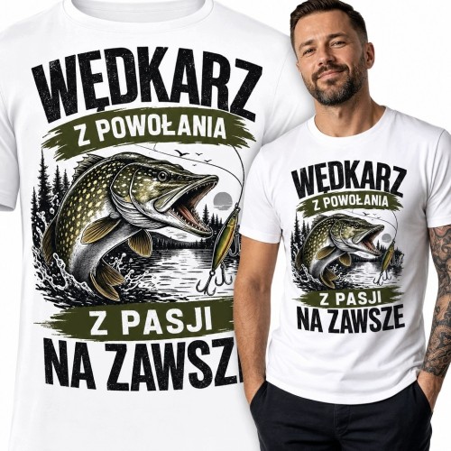 Koszulka męska ze szczupakiem - „Wędkarz - z powołania, z pasji na zawsze”