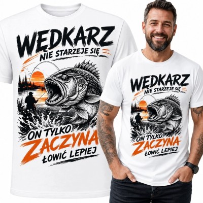Koszulka męska dla wędkarza „Wędkarz nie starzeje się” - duża ryba
