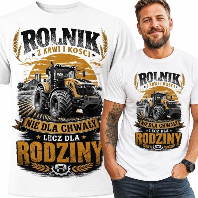 Koszulka męska z ciągnikiem „Rolnik - nie dla chwały, lecz dla rodziny”