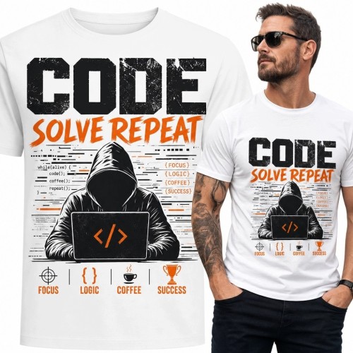 Koszulka męska dla programisty z laptopem „Code - Solve Repeat”