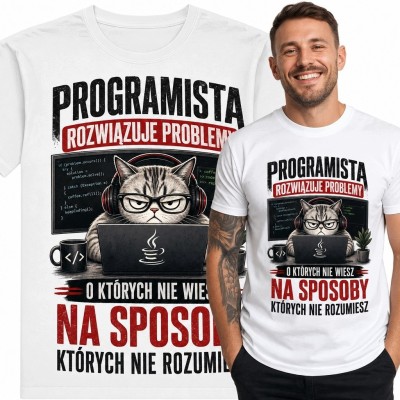 Koszulka męska z kotem-programistą „Programista rozwiązuje problemy, o których nie wiesz, na sposoby, których nie rozumiesz”