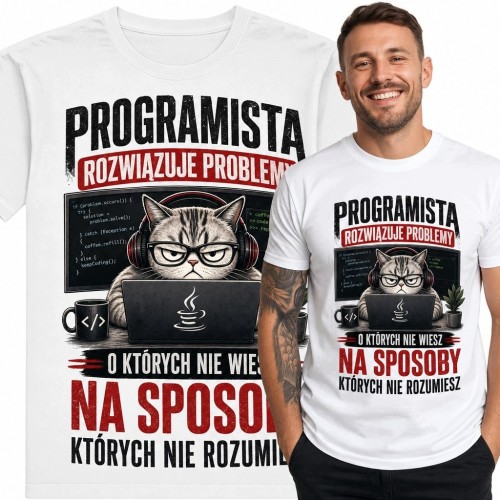 Koszulka męska z kotem-programistą „Programista rozwiązuje problemy, o których nie wiesz, na sposoby, których nie rozumiesz”