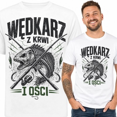 Koszulka męska dla wędkarza „Wędkarz z krwi i ości” - rybi szkielet i wędki