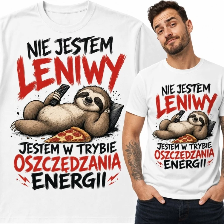 Koszulka męska z leniwcem i pizzą „Nie jestem leniwy” - humorystyczny nadruk