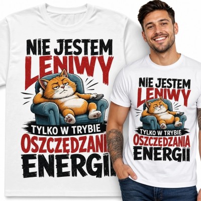 Koszulka męska z rudym kotem - „Nie jestem leniwy, tylko w trybie oszczędzania energii”