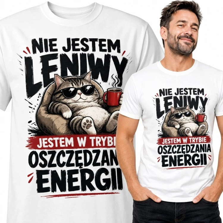 Koszulka męska z kotem „Nie jestem leniwy - jestem w trybie oszczędzania energii”