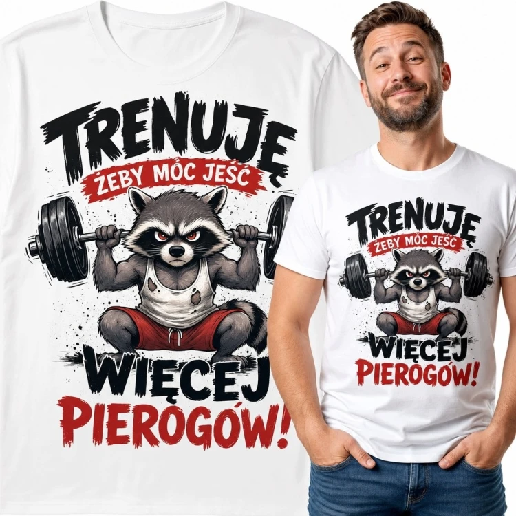 Koszulka męska z ćwiczącym szopem „Trenuję żeby móc jeść więcej pierogów!”