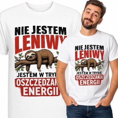Koszulka męska z leniwcem „Nie jestem leniwy - jestem w trybie oszczędzania energii”