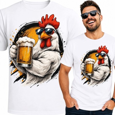 Koszulka męska z kogutem i kuflem piwa - humorystyczny motyw