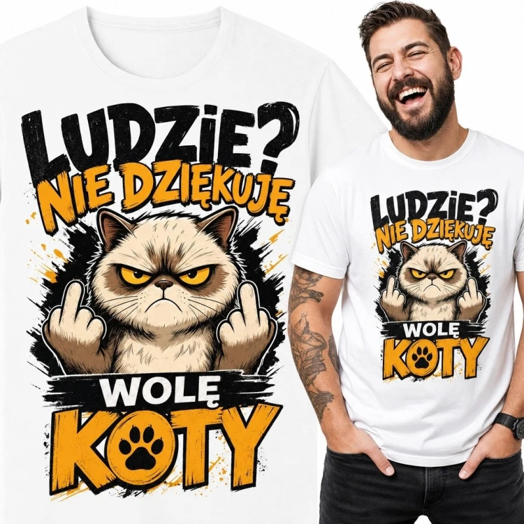 Koszulka męska z naburmuszonym kotem „Ludzie? Nie dziękuję wolę koty” - sarkastyczny nadruk