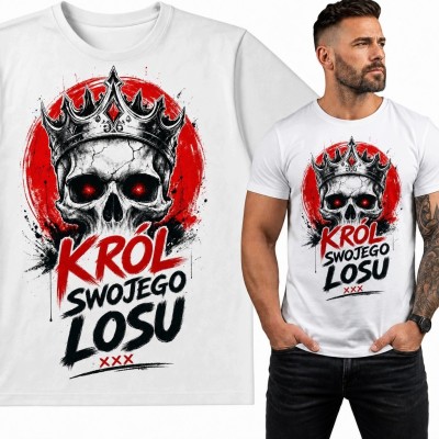 Koszulka męska z koronowaną czaszką „Król swojego losu” - mroczny nadruk