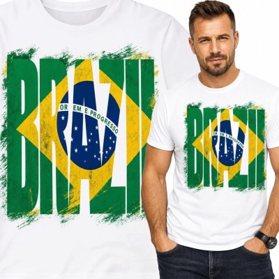 Koszulka męska z flagą Brazylii i napisem „Brazil” - postarzany wzór