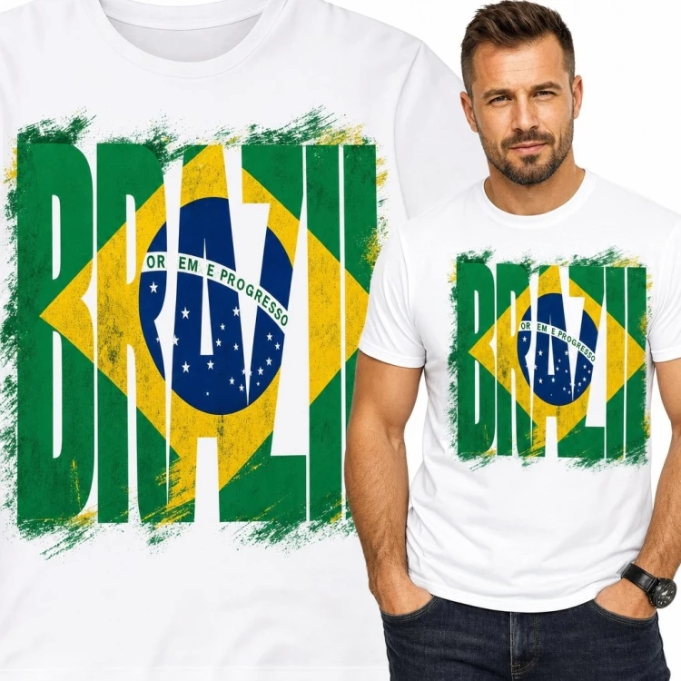 Koszulka męska z flagą Brazylii i napisem „Brazil” - postarzany wzór