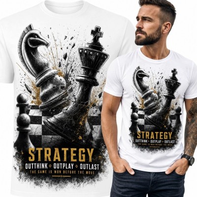 Koszulka męska szachowa ze skoczkiem i królem „Strategy” - dla miłośnika strategii