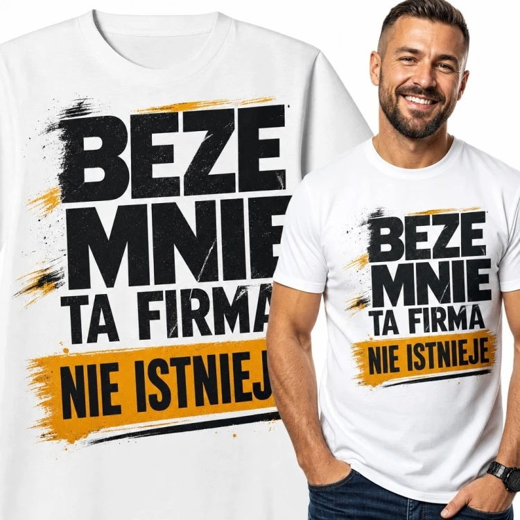 Koszulka męska z humorystycznym hasłem „Beze mnie ta firma nie istnieje”