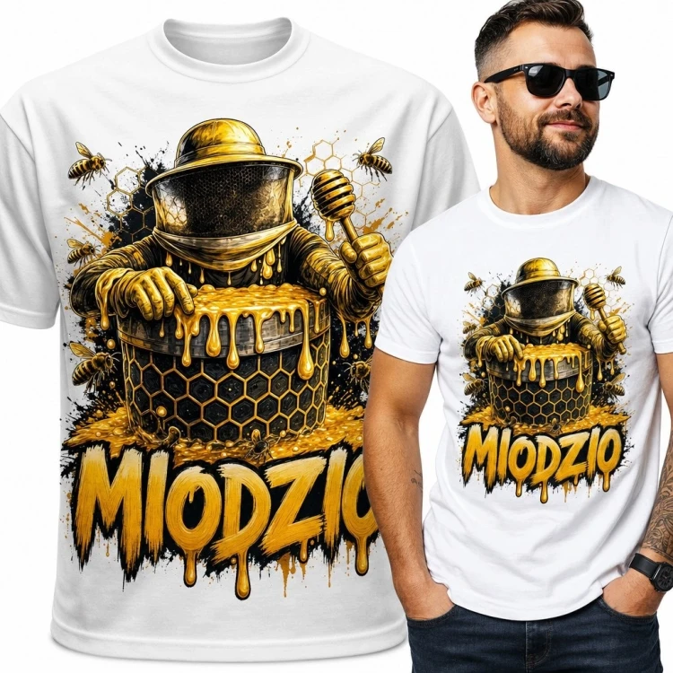 Koszulka męska z pszczelarzem przy ulu i napisem „Miodzio”