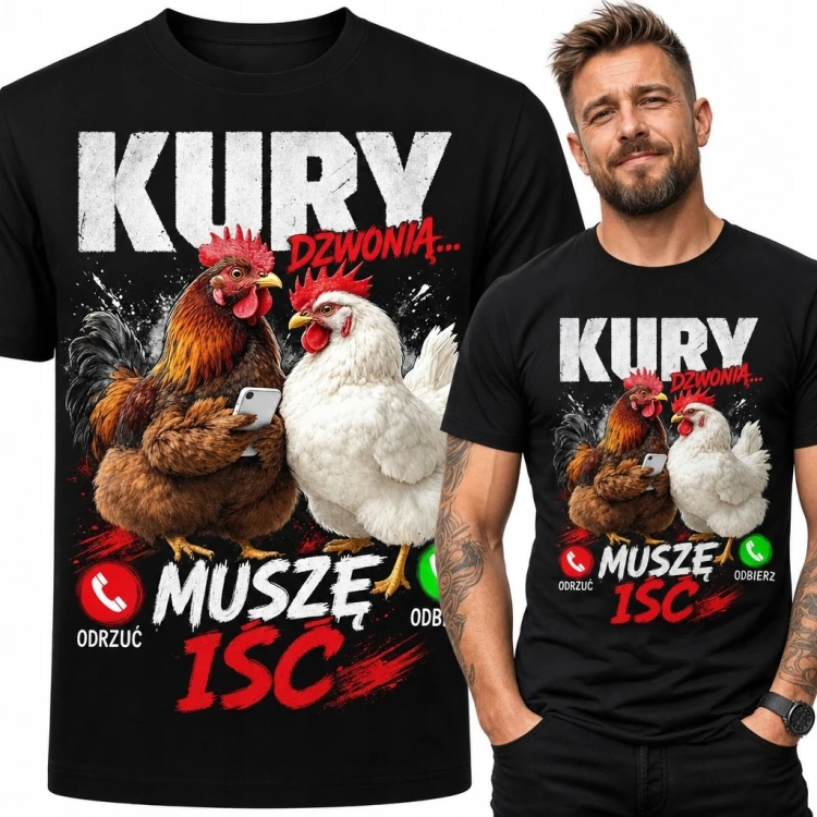 Koszulka męska z kogutem i kurą „Kury dzwonią... muszę iść” - dla hodowcy