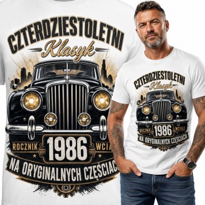 Koszulka męska na 40 urodziny „Czterdziestoletni klasyk” - biała z autem i rocznikiem 1986