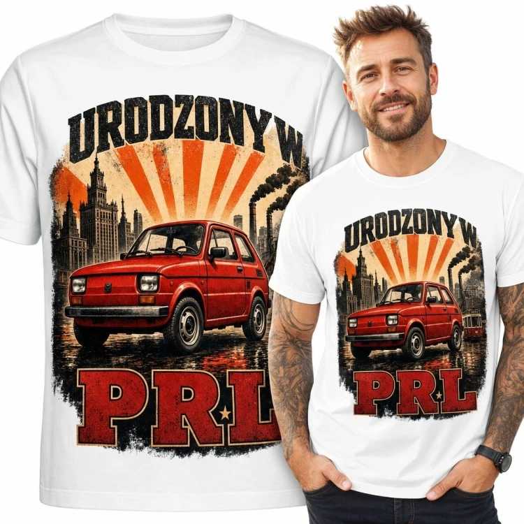 Koszulka męska z Maluchem „Urodzony w PRL” - retro motoryzacja