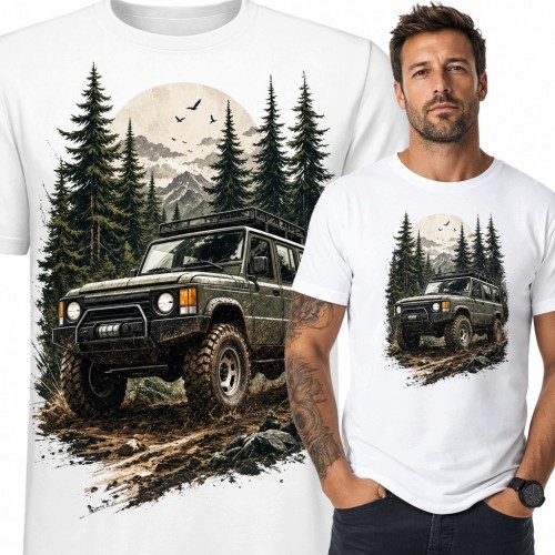 Koszulka męska z terenówką 4x4 na górskim szlaku - motyw off-road