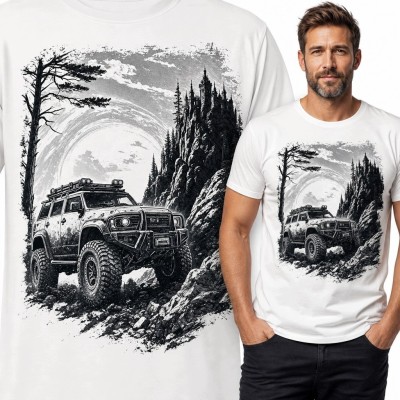Koszulka męska z terenówką 4x4 z bagażnikiem dachowym - skalisty szlak